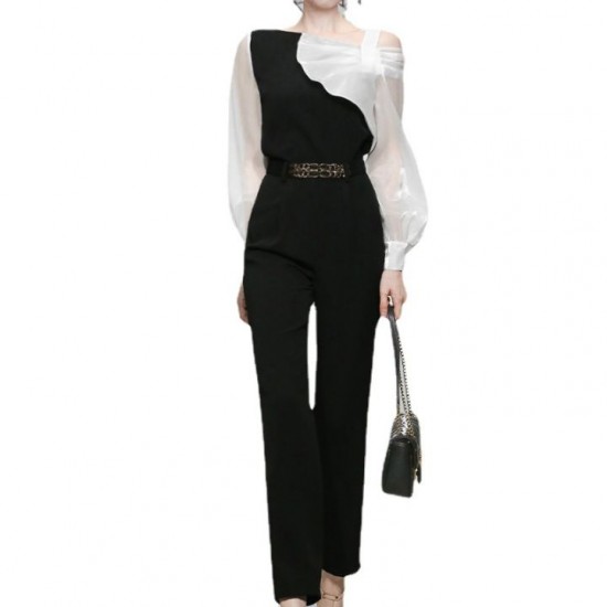 Elegant women blouse seluar Black And White Contrast Color Top High Waist Black Ankle-length Pants Suit Elegant women blouse seluar Black And White Contrast Color Top High Waist Black Ankle-length Pants Suit