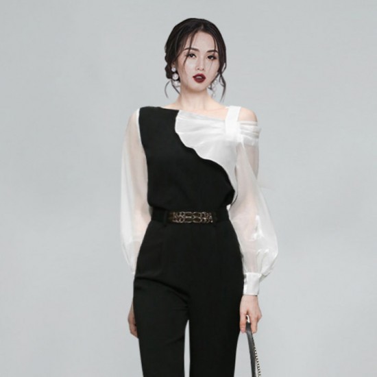 Elegant women blouse seluar Black And White Contrast Color Top High Waist Black Ankle-length Pants Suit Elegant women blouse seluar Black And White Contrast Color Top High Waist Black Ankle-length Pants Suit
