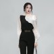 Elegant women blouse seluar Black And White Contrast Color Top High Waist Black Ankle-length Pants Suit Elegant women blouse seluar Black And White Contrast Color Top High Waist Black Ankle-length Pants Suit