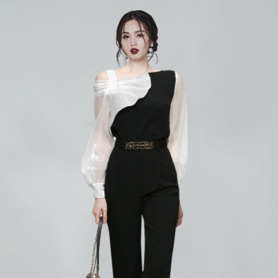 Elegant women blouse seluar Black And White Contrast Color Top High Waist Black Ankle-length Pants Suit Elegant women blouse seluar Black And White Contrast Color Top High Waist Black Ankle-length Pants Suit