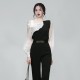 Elegant women blouse seluar Black And White Contrast Color Top High Waist Black Ankle-length Pants Suit Elegant women blouse seluar Black And White Contrast Color Top High Waist Black Ankle-length Pants Suit