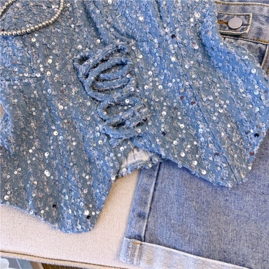 Fairly24sgsd5gre French heavy industry sequin camisole women's retro blue design strap short top summer inner Fairly24sgsd5gre French heavy industry sequin camisole women's retro blue design strap short top summer inner