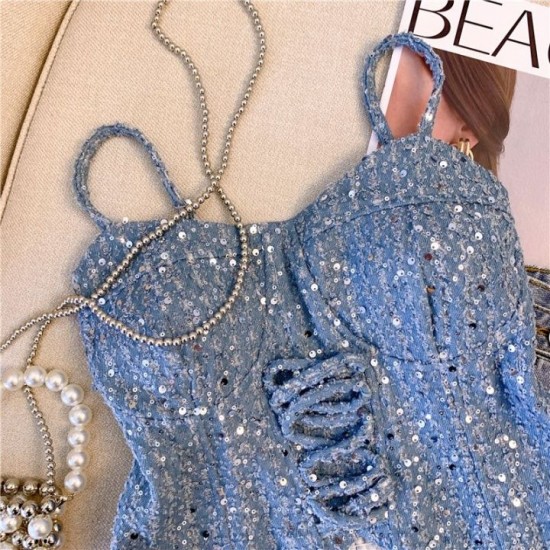 Fairly24sgsd5gre French heavy industry sequin camisole women's retro blue design strap short top summer inner Fairly24sgsd5gre French heavy industry sequin camisole women's retro blue design strap short top summer inner