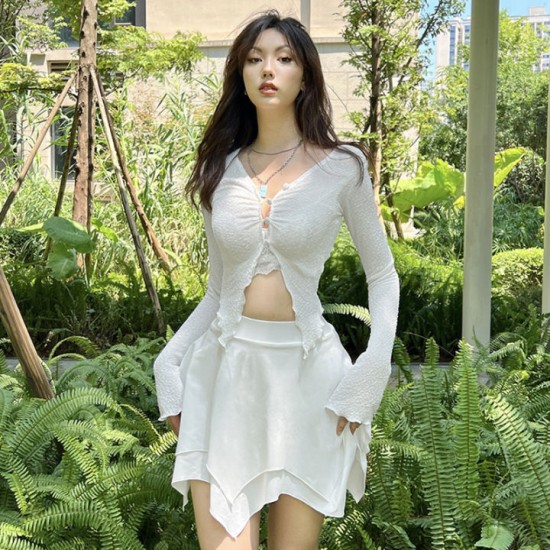 Simon Women Summer Streetwear Cardigan White Long Sleeve V Neck Butterfly Shaped Crop Tops Simon Women Summer Streetwear Cardigan White Long Sleeve V Neck Butterfly Shaped Crop Tops