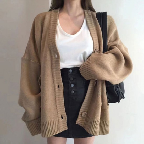 Korean retro loose oversize V-neck retro sweater fashion knitted cardigan jacket for women Korean retro loose oversize V-neck retro sweater fashion knitted cardigan jacket for women