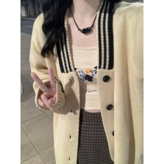 Korean style retro preppy loose oversize cardigan top apricot knitted sweater jacket for women Korean style retro preppy loose oversize cardigan top apricot knitted sweater jacket for women