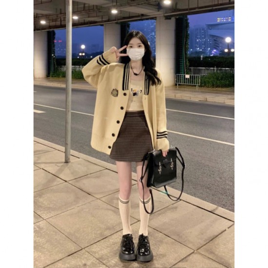 Korean style retro preppy loose oversize cardigan top apricot knitted sweater jacket for women Korean style retro preppy loose oversize cardigan top apricot knitted sweater jacket for women