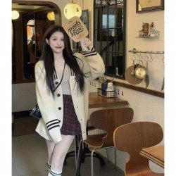 Korean style retro preppy loose oversize cardigan top apricot knitted sweater jacket for women