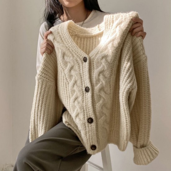 Korean fashion pink cardigan sweater loose long-sleeved knitted jacket top for women Korean fashion pink cardigan sweater loose long-sleeved knitted jacket top for women