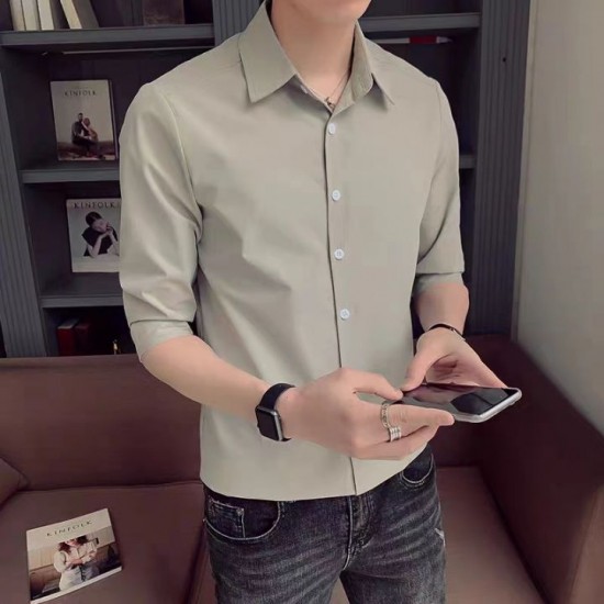 Huilishi 3/4 sleeve shirt men's short-sleeved summer 2023 new trendy brand hair stylist men's clothing trend casual white shirt men Huilishi 3/4 sleeve shirt men's short-sleeved summer 2023 new trendy brand hair stylist men's clothing trend casual white shirt men