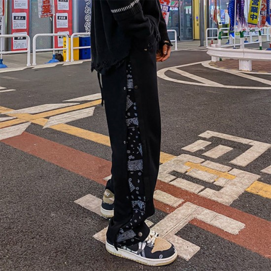 Men's High Street Hip Hop Bandana Patchwork Sweatpants Side Button Sportswear Korean Casual Hiphop Trousers for Boys Harajuku Men's High Street Hip Hop Bandana Patchwork Sweatpants Side Button Sportswear Korean Casual Hiphop Trousers for Boys Harajuku