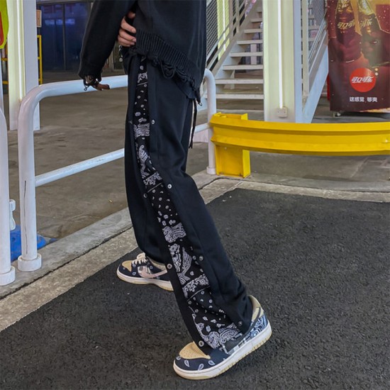 Men's High Street Hip Hop Bandana Patchwork Sweatpants Side Button Sportswear Korean Casual Hiphop Trousers for Boys Harajuku Men's High Street Hip Hop Bandana Patchwork Sweatpants Side Button Sportswear Korean Casual Hiphop Trousers for Boys Harajuku