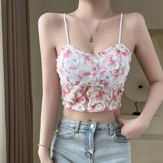 Flower Outer Wear Tube Top With pads Backless Chiffon Camisole Floral Lace Vest Sweet Short Tank Top Flower Outer Wear Tube Top With pads Backless Chiffon Camisole Floral Lace Vest Sweet Short Tank Top
